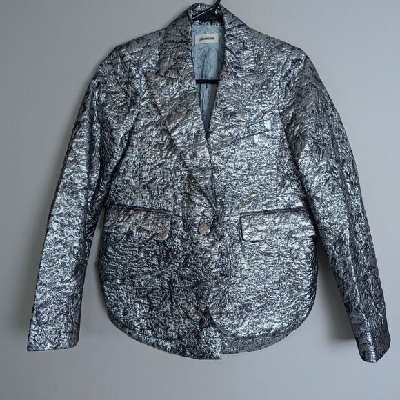 Zadig & Voltaire Vistar Jac Metallic Suit – Silver Foil Blazer + Pants Sz 34/2US - Picture 3 of 16